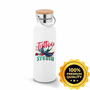 GARRAFAS E SQUEEZES SQUEEZE DE AÇO INOX TÉRMICA MODELO RAGNAR COM PAREDE DUPLA COM DTF UV 570ML Preto e branco frente - 10 un.