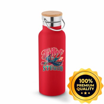 GARRAFAS E SQUEEZES SQUEEZE DE AÇO INOX TÉRMICA MODELO RAGNAR COM PAREDE DUPLA COM DTF UV 570ML Preto e branco frente - 10 un.