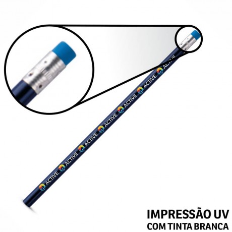 LÁPIS, APONTADORES E GIZ DE CERA LÁPIS PERSONALIZADO LÁPIS DE ESCREVER AZUL ESCURO RESINADO COM BORRACHA Colorido frente - 100 un.