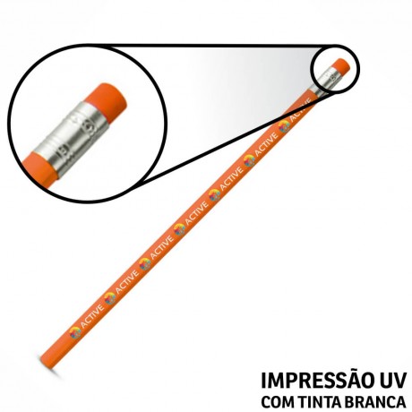 LÁPIS DE COR PERSONALIZADO LARANJA RESINADO COM BORRACHA Colorido frente - 10 un.