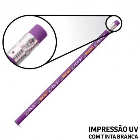 LÁPIS DE COR PERSONALIZADO ROXO RESINADO COM BORRACHA Colorido frente - 25 un.