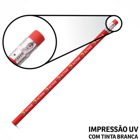 LÁPIS DE COR PERSONALIZADO VERMELHO RESINADO COM BORRACHA Colorido frente - 10 un.