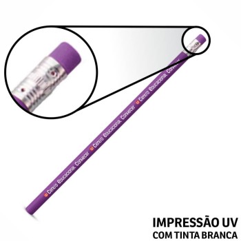 LÁPIS DE COR PERSONALIZADO ROXO RESINADO COM BORRACHA Colorido frente - 10 un.