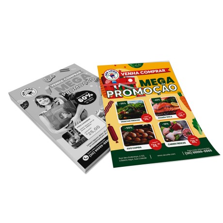 PANFLETOS, FLYERS E FOLHETOS APERGAMINHADO 180G 150X105MM Colorido frente e preto e branco verso - 50 un.