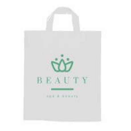SACOLAS E SACOS SACOLAS PERSONALIZADAS PLÁSTICAS ALÇA FITA 450X550MM BRANCA Preto e branco frente - 1000 un.