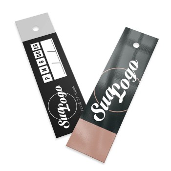 TAGS PADRÃO FURO COUCHÊ 300G VERNIZ UV TOTAL FRENTE 91X25MM Colorido frente e preto e branco verso - 2000 un.