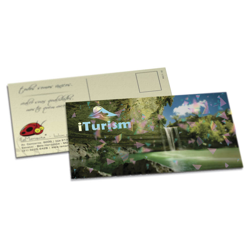 POSTAIS COUCHÊ 275G LAMINAÇÃO HOLOGRÁFICA FRENTE 182X102MM